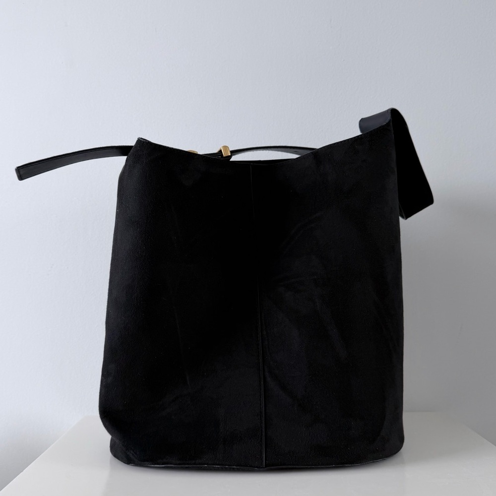 H&M Black Faux Suede Bucket Bag Gold Hardware Adjustable Strap - Picture 2 of 14